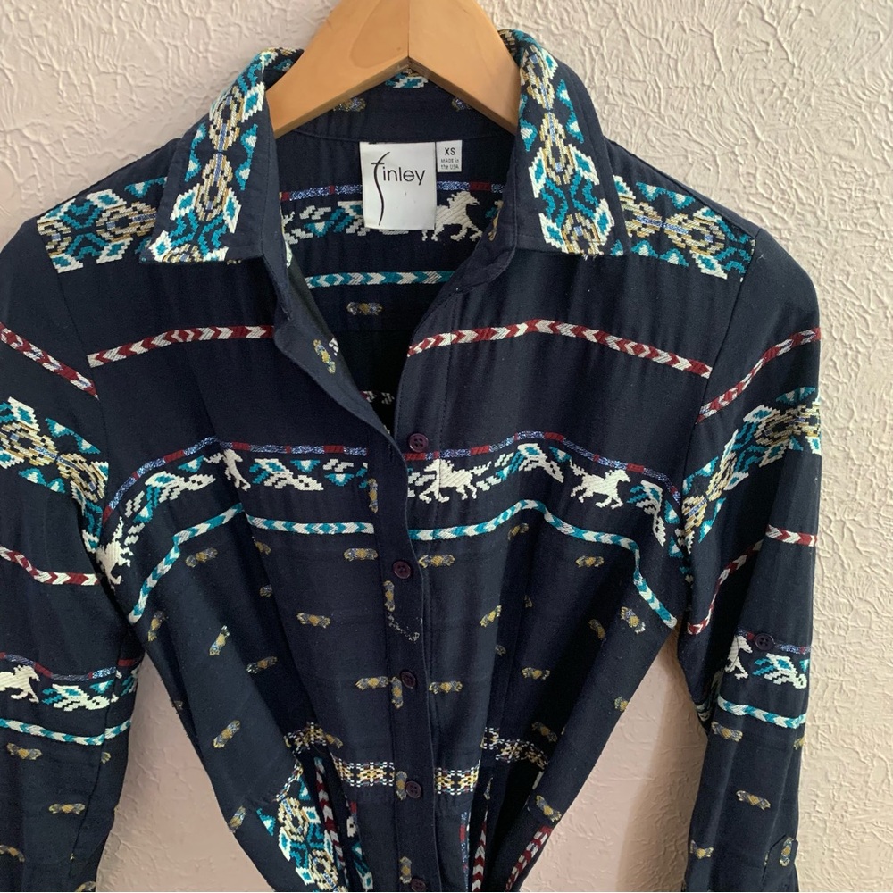 Finley Equestrian Navy Blue Western Horse Embroidered Shirt Dress